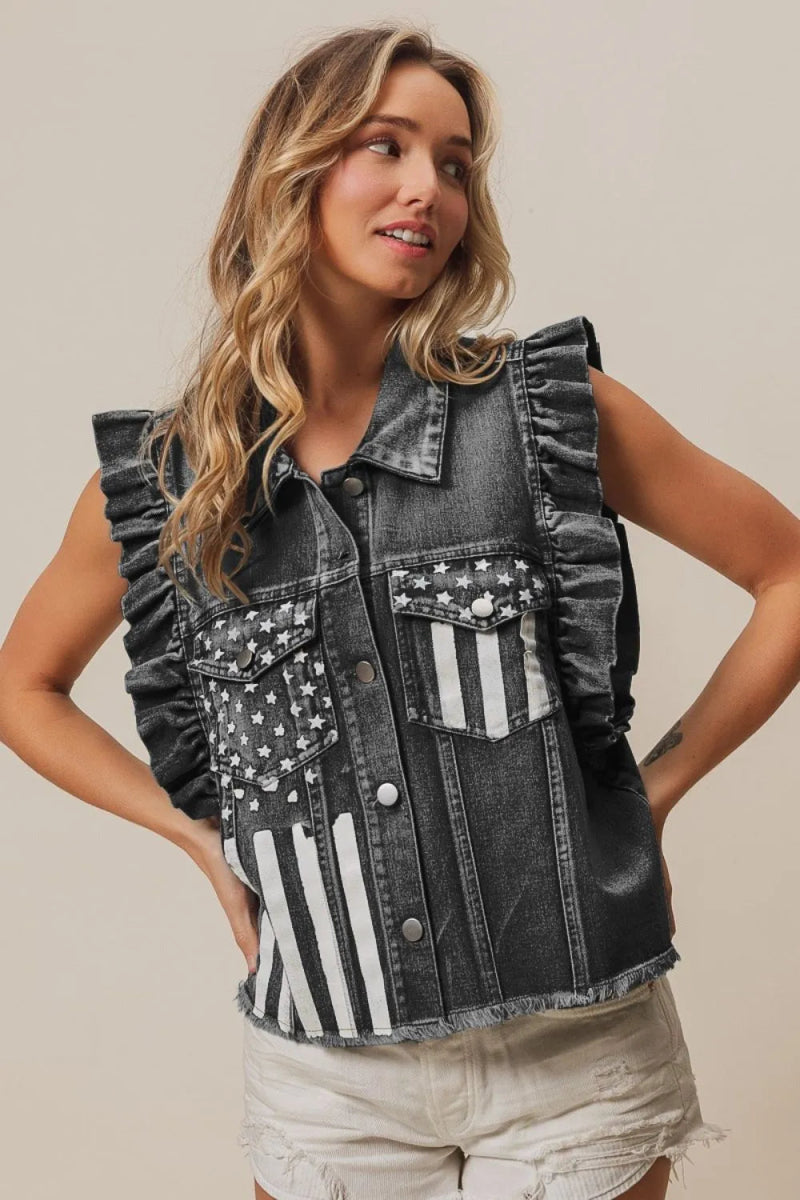 BiBi American Flag Washed Denim Jacket - Love Salve