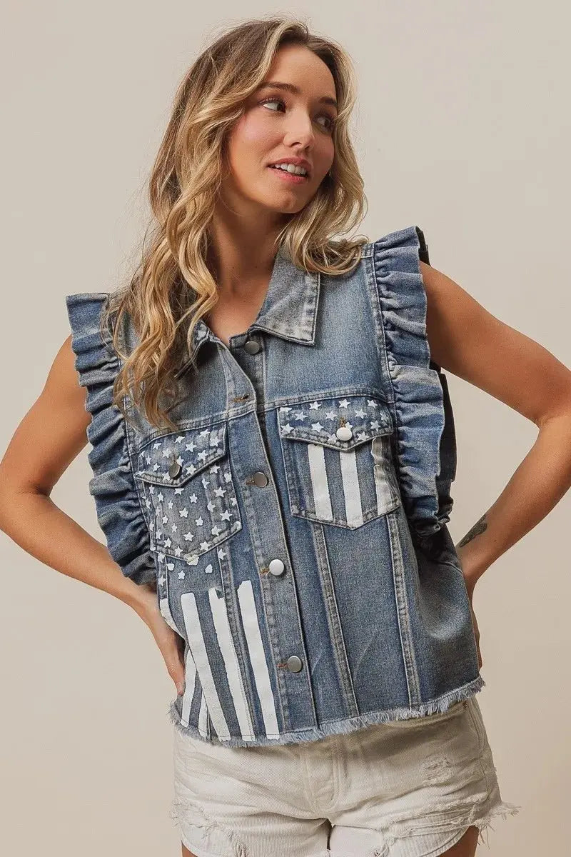 BiBi American Flag Washed Denim Jacket - Love Salve