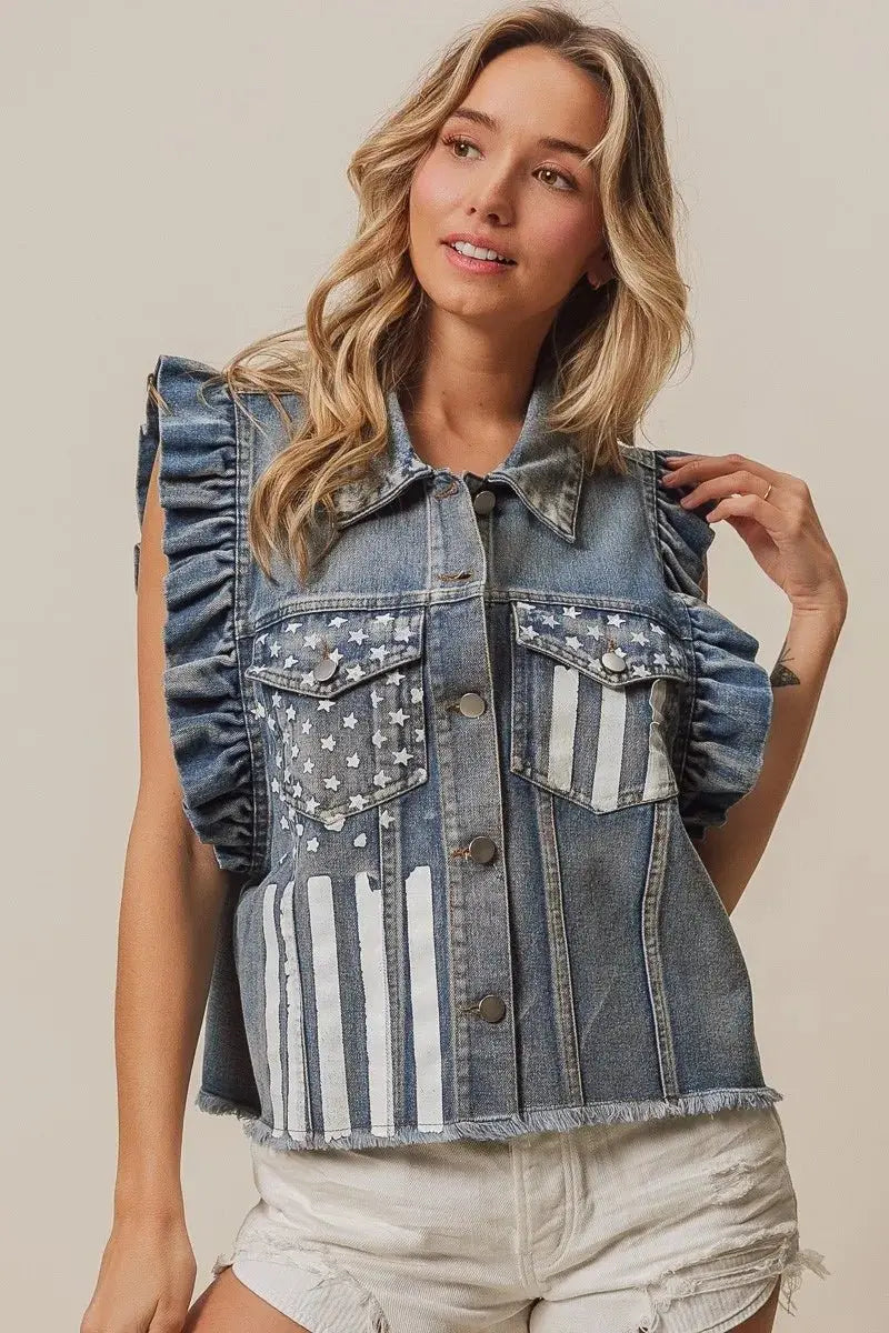 BiBi American Flag Washed Denim Jacket - Love Salve