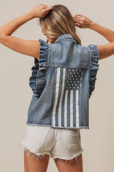 BiBi American Flag Washed Denim Jacket - Love Salve