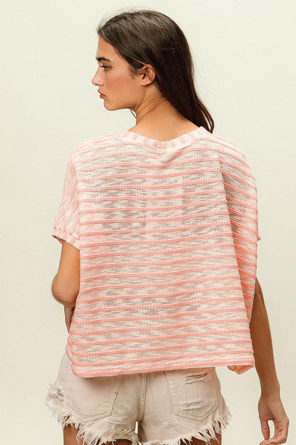 BiBi Braid Striped Short Sleeve Round Neck T-Shirt - Love Salve