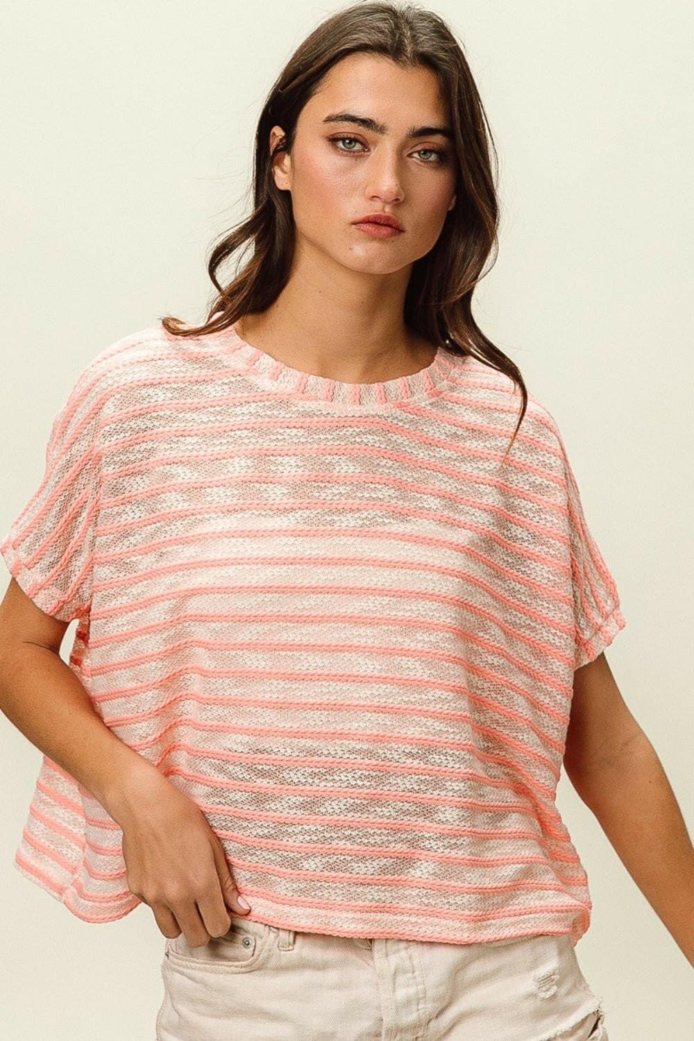 BiBi Braid Striped Short Sleeve Round Neck T-Shirt - Love Salve