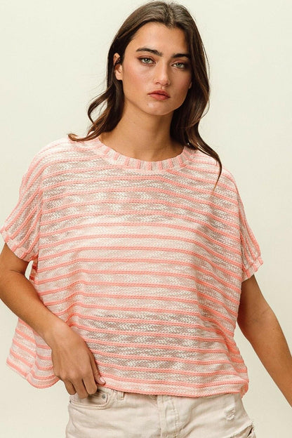 BiBi Braid Striped Short Sleeve Round Neck T-Shirt - Love Salve