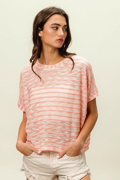 BiBi Braid Striped Short Sleeve Round Neck T-Shirt - Love Salve