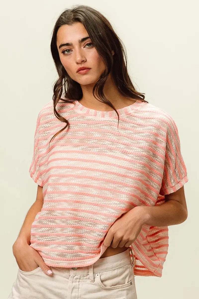 BiBi Braid Striped Short Sleeve Round Neck T-Shirt for Women - Love Salve 