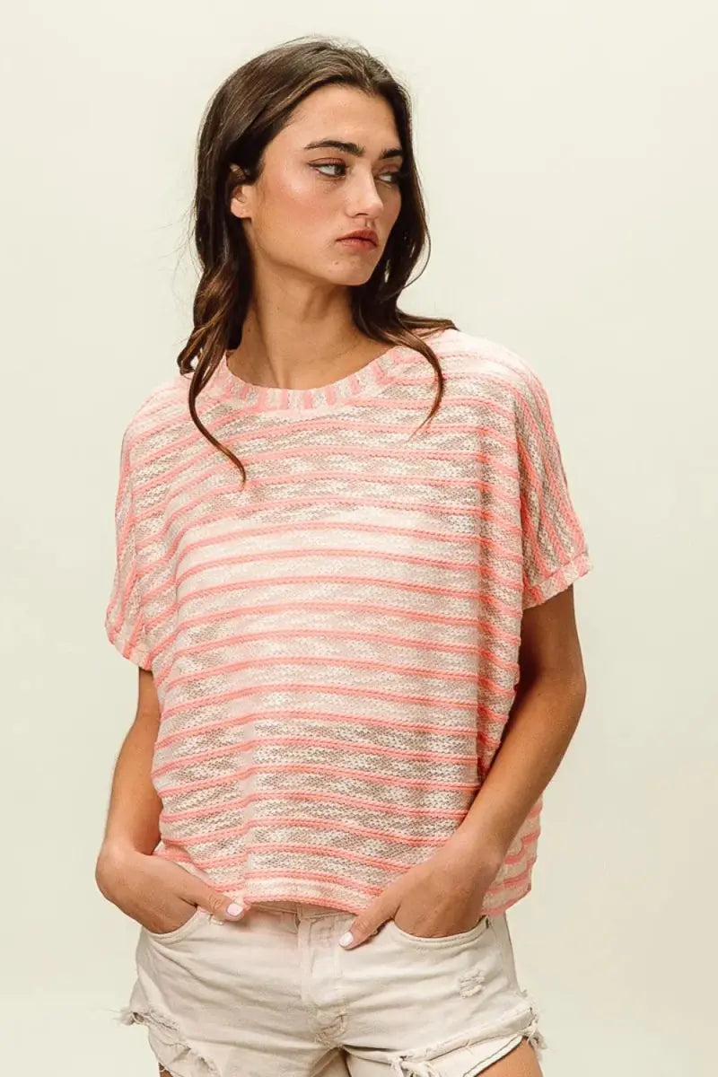 BiBi Braid Striped Short Sleeve Round Neck T-Shirt for Women - Love Salve 