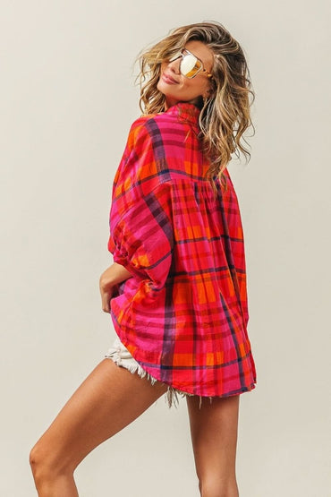 BiBi Button Up Dolman Sleeve Plaid Shirt - Love Salve 