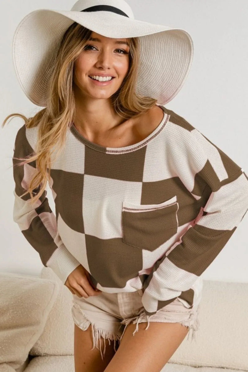 BiBi Checker Printed Hacci Top With Front Pocket - Love Salve