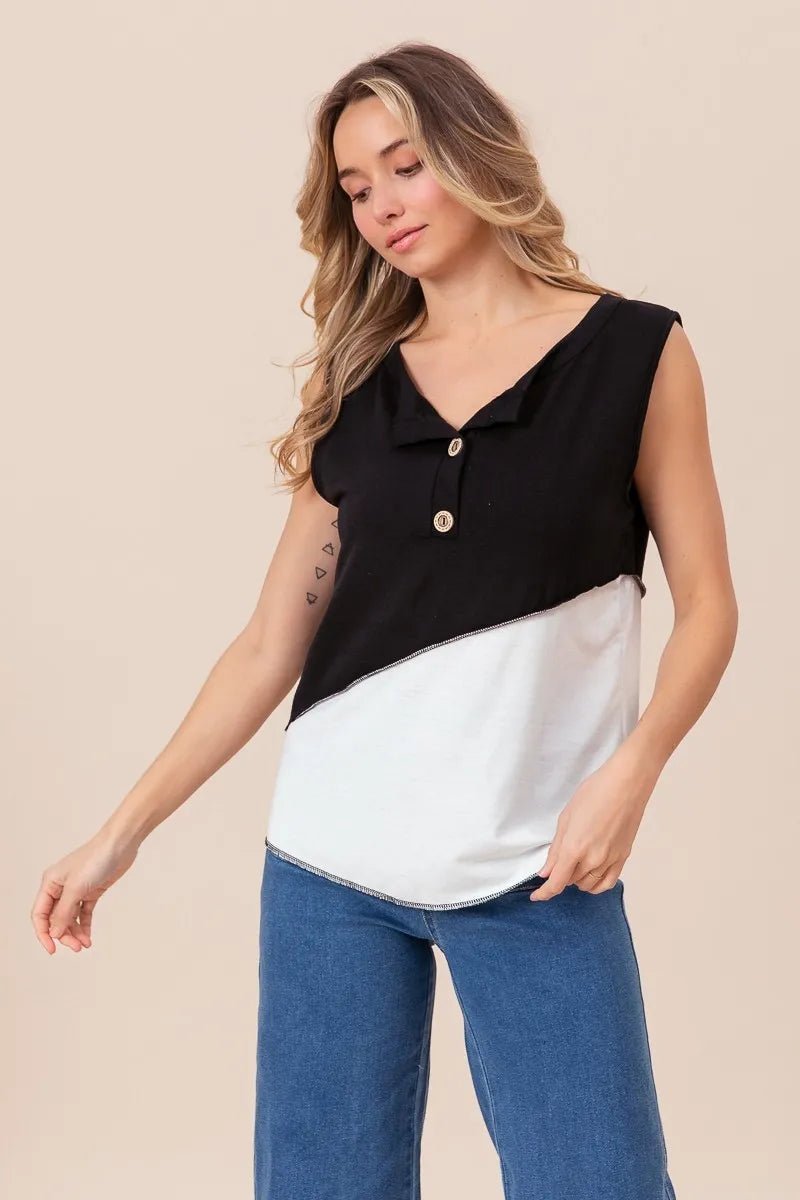 BiBi Color Block Contrast Stitching Buttoned Henley Top - Love Salve 