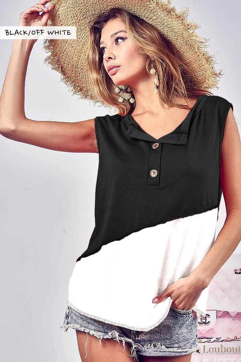 BiBi Color Block Contrast Stitching Buttoned Henley Top - Love Salve 