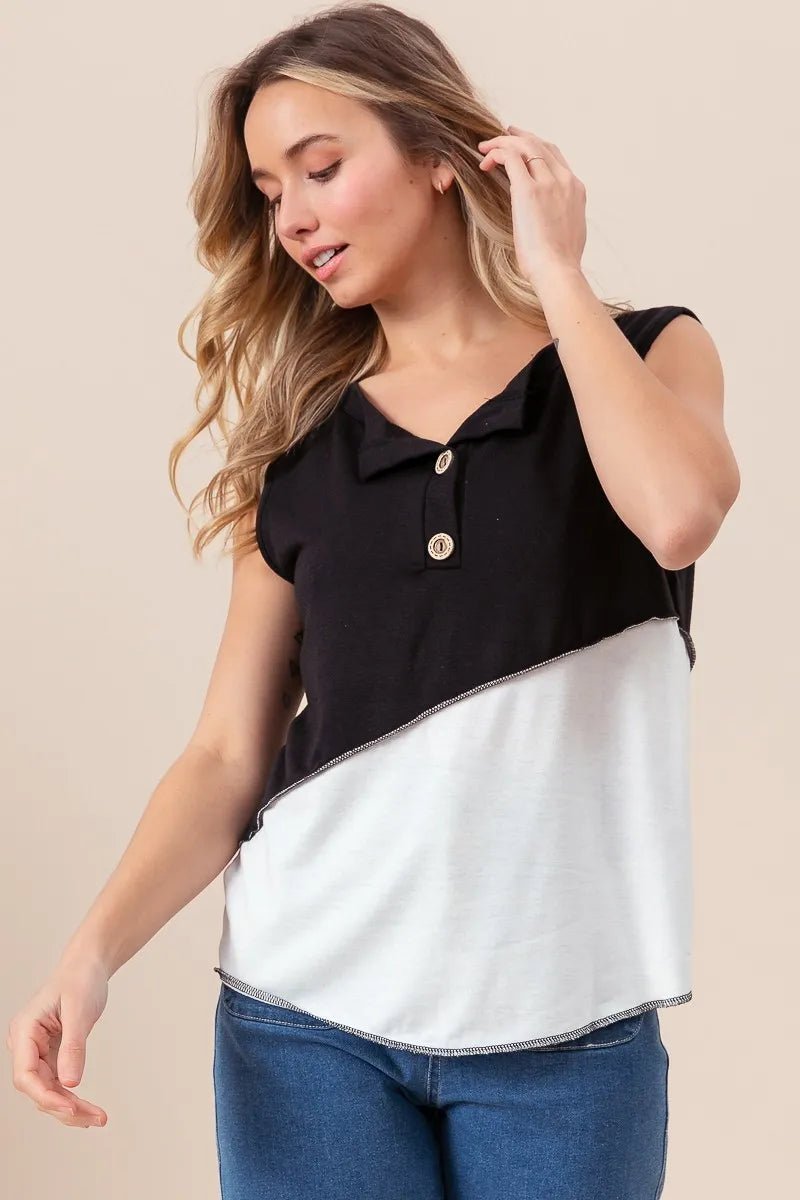 BiBi Color Block Contrast Stitching Buttoned Henley Top - Love Salve 