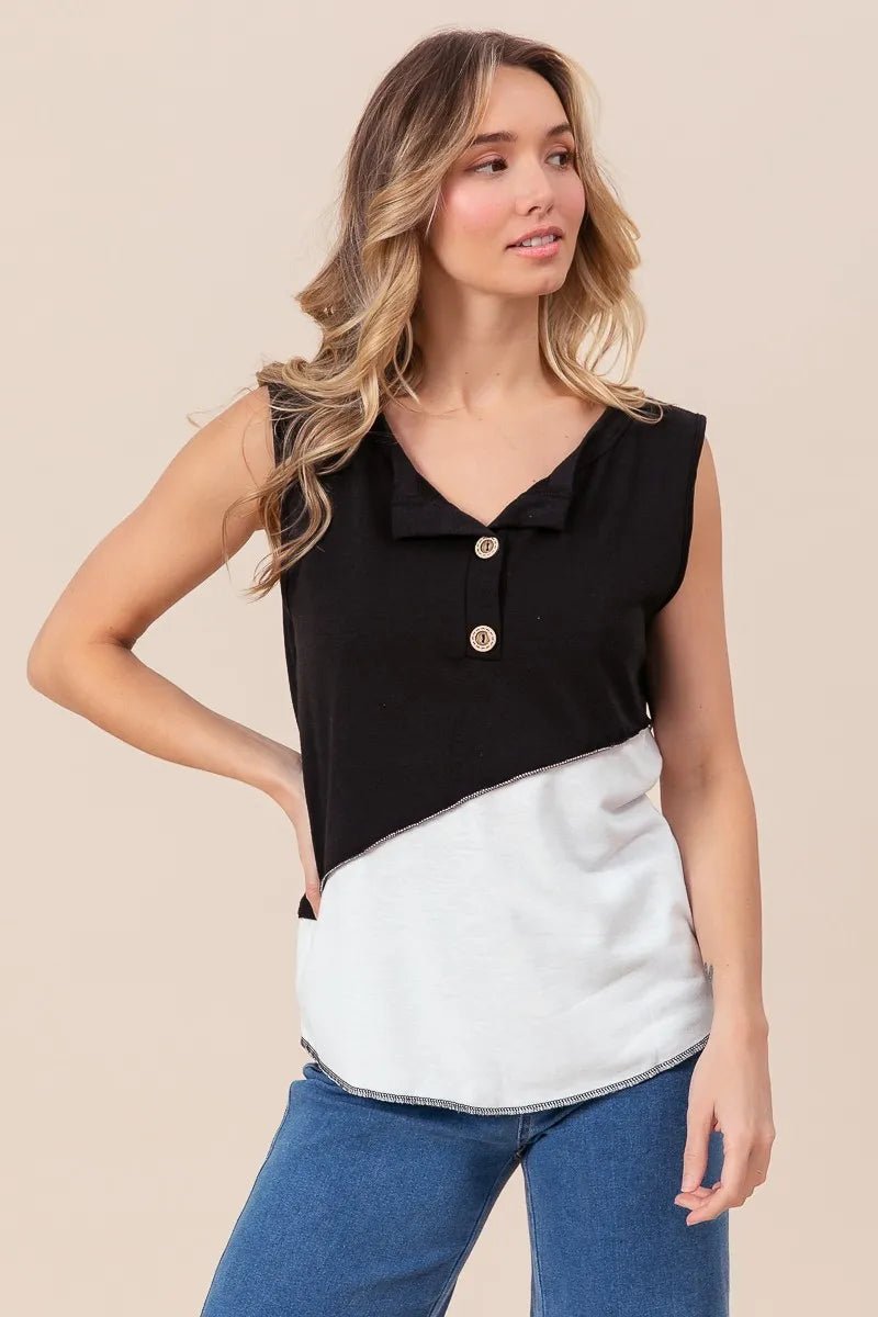 BiBi Color Block Contrast Stitching Buttoned Henley Top - Love Salve 