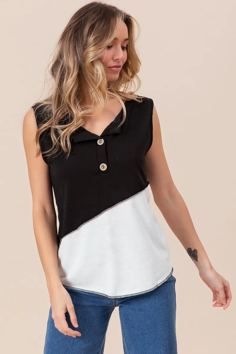 BiBi Color Block Contrast Stitching Buttoned Henley Top - Love Salve 