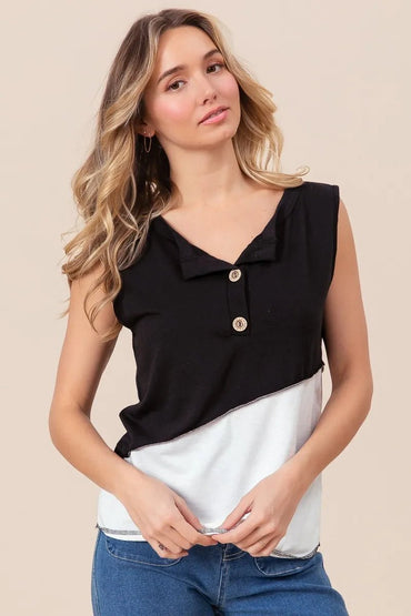 BiBi Color Block Contrast Stitching Buttoned Henley Top - Love Salve 