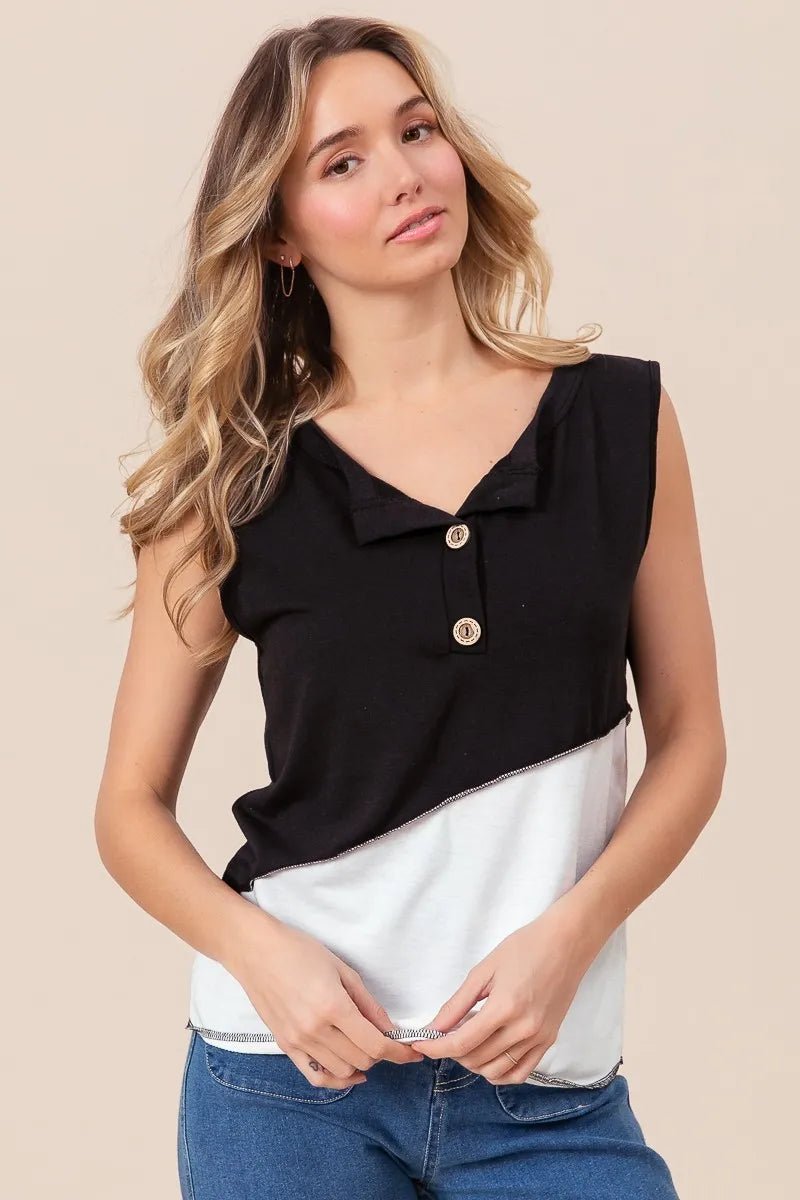 BiBi Color Block Contrast Stitching Buttoned Henley Top - Love Salve 