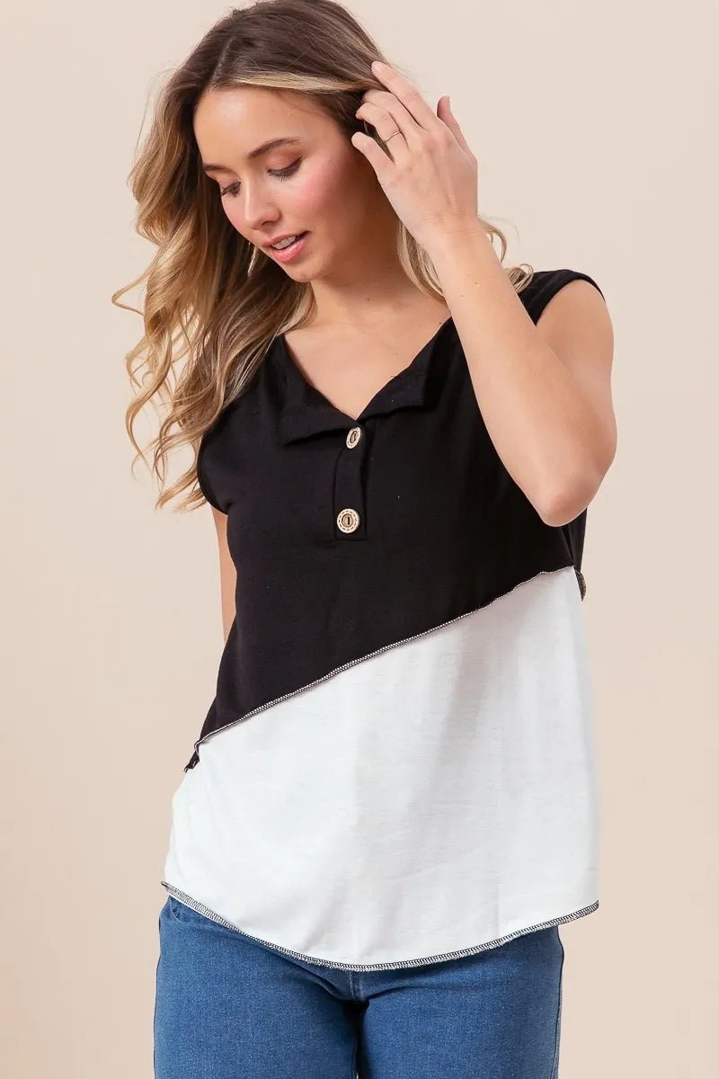 BiBi Color Block Contrast Stitching Buttoned Henley Top - Love Salve 