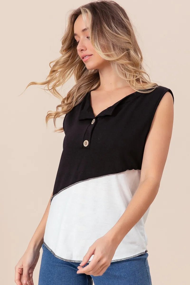 BiBi Color Block Contrast Stitching Buttoned Henley Top - Love Salve 
