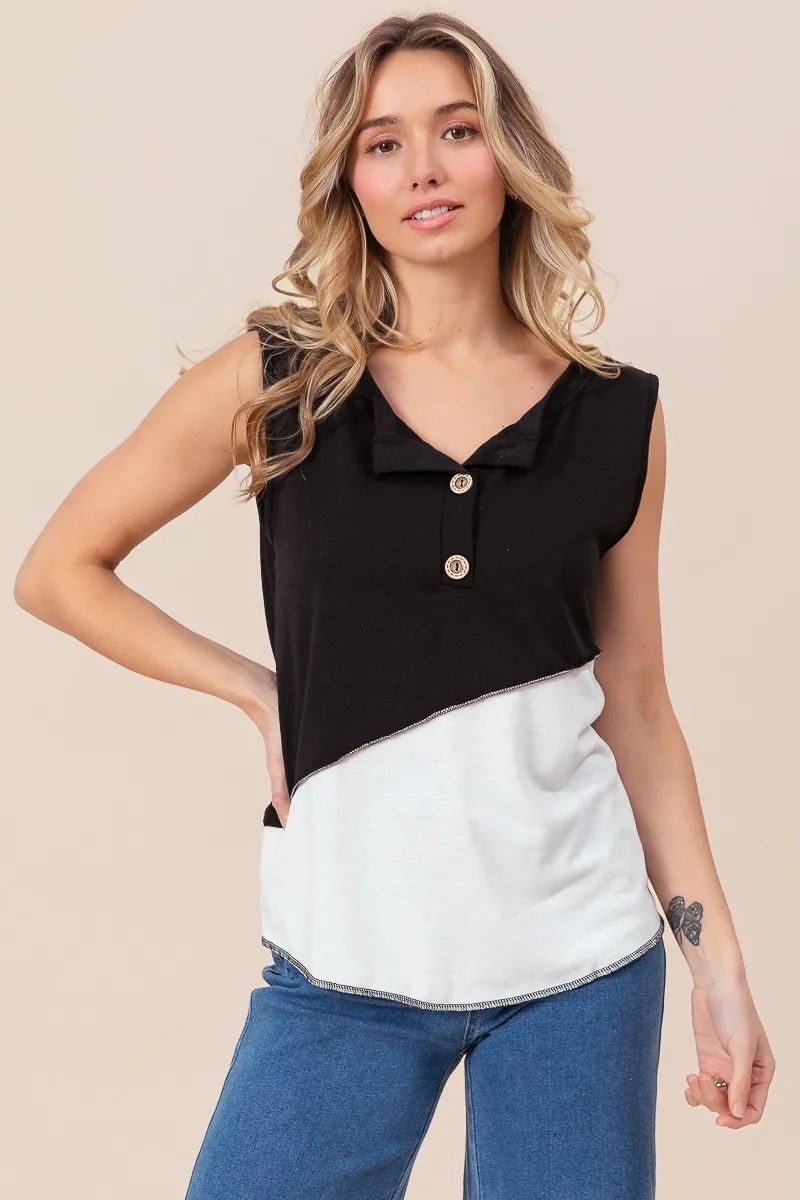 BiBi Color Block Contrast Stitching Buttoned Henley Top - Love Salve 