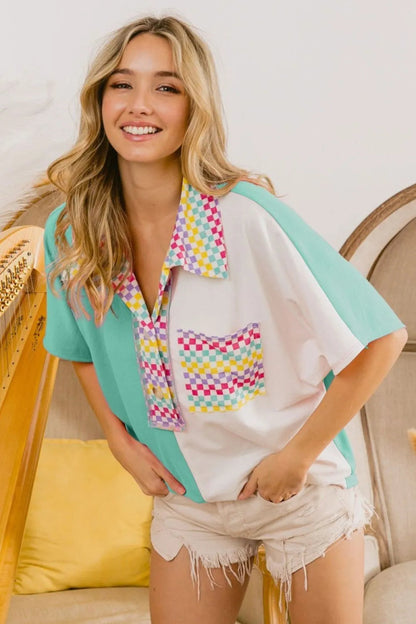 BiBi Color Block Knit with Multi Checker Contrast Top - Love Salve 