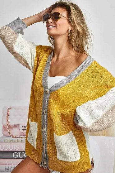 BiBi Color Block Sweater Cardigan with Button Closure - Love Salve