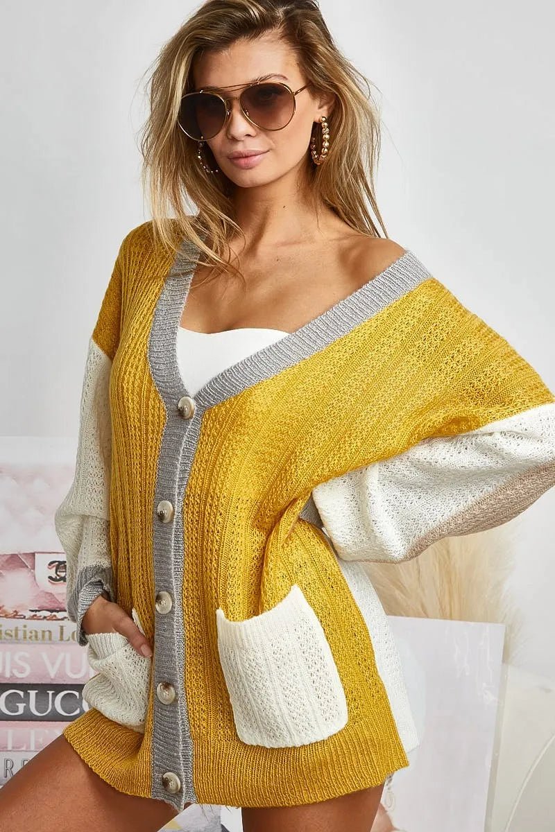 BiBi Color Block Sweater Cardigan with Button Closure - Love Salve