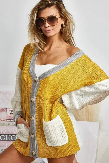 BiBi Color Block Sweater Cardigan with Button Closure - Love Salve