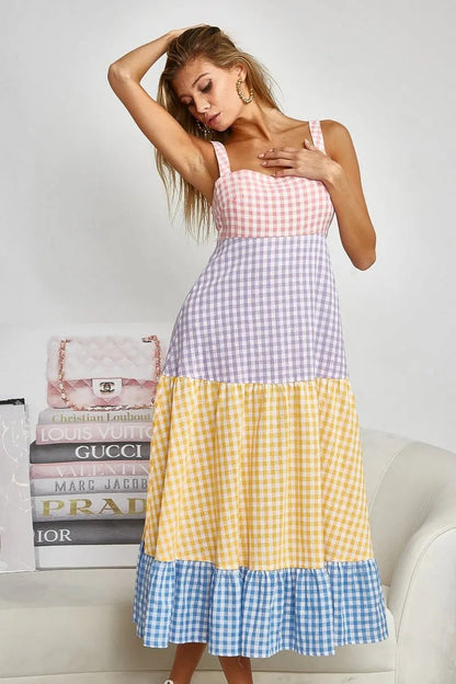 BiBi Color Block Tiered Gingham Dress for Summer Fun - Love Salve 