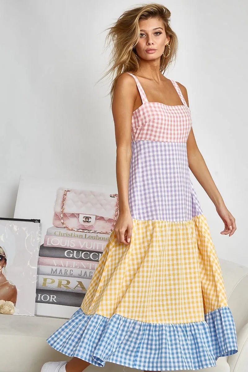 BiBi Color Block Tiered Gingham Dress for Summer Fun - Love Salve 