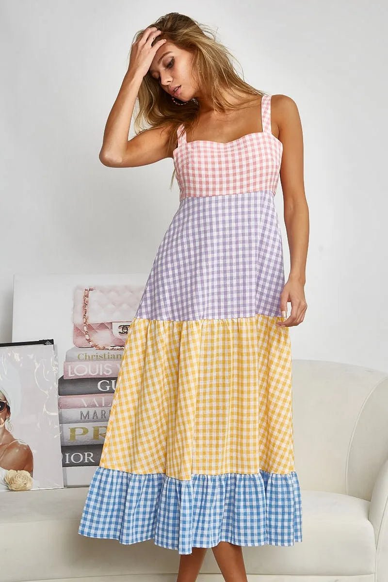 BiBi Color Block Tiered Gingham Dress for Summer Fun - Love Salve 