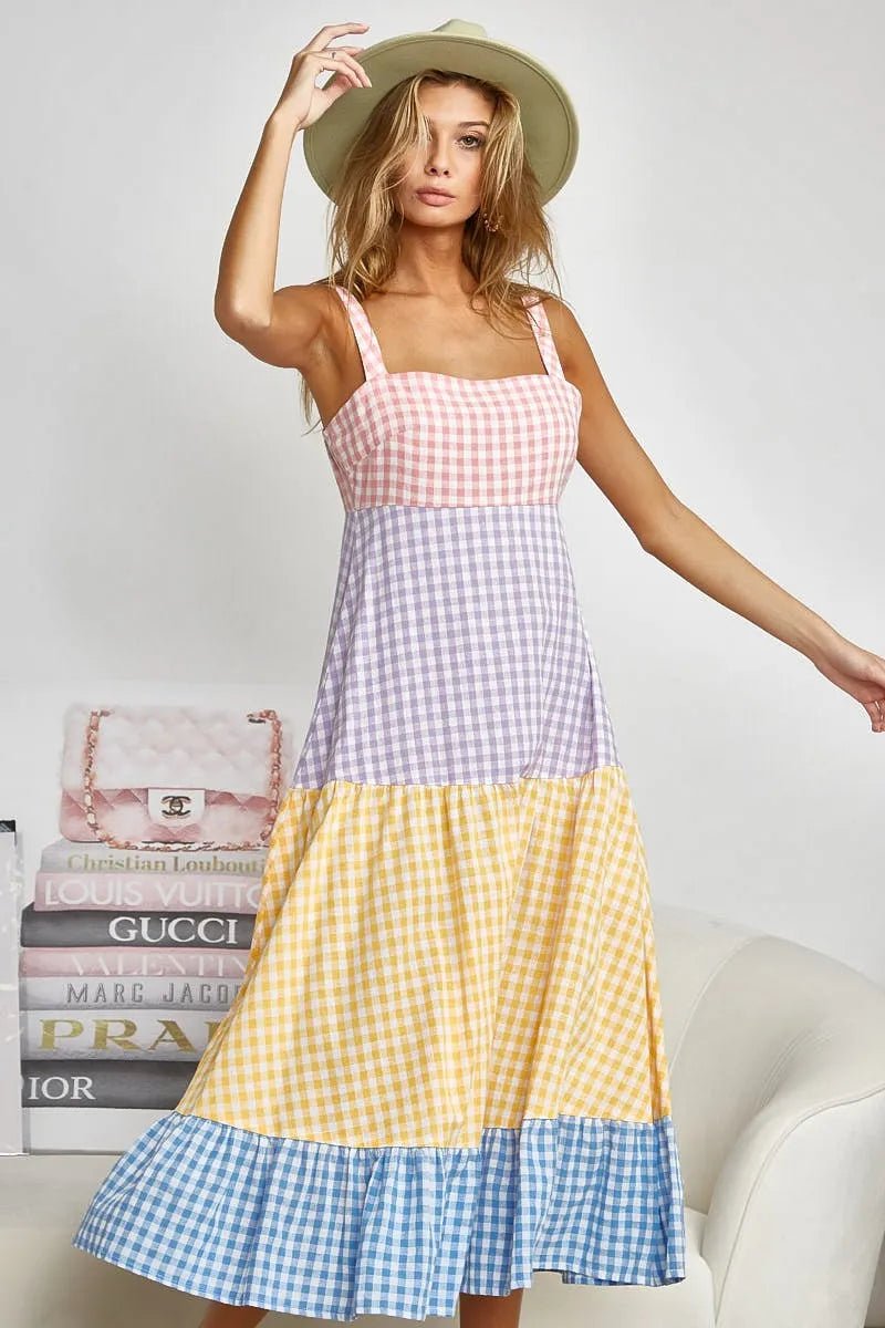 BiBi Color Block Tiered Gingham Dress for Summer Fun - Love Salve 