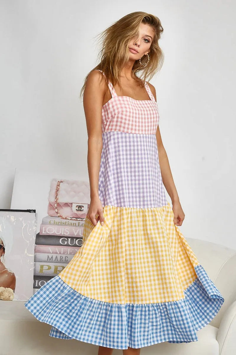 BiBi Color Block Tiered Gingham Dress for Summer Fun - Love Salve 