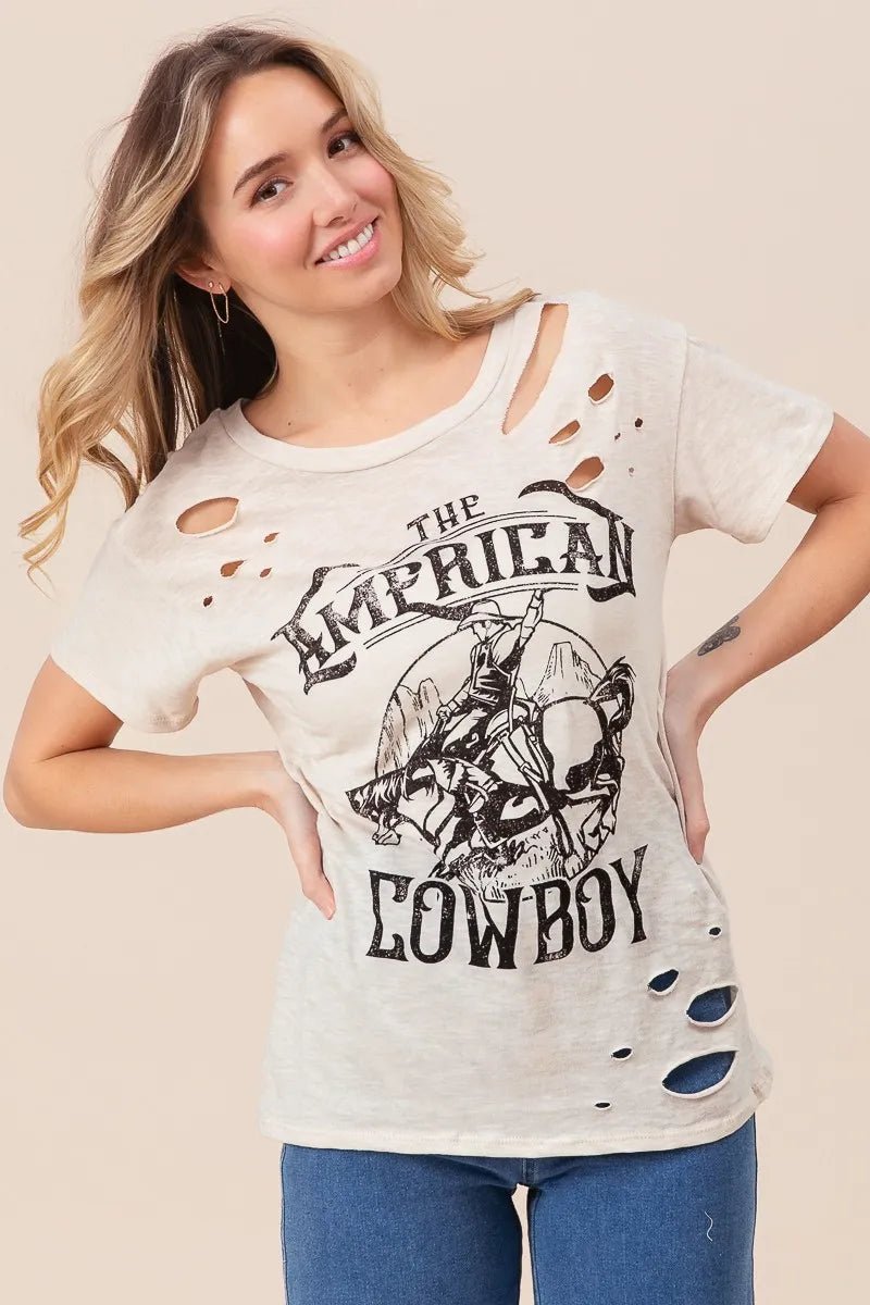 BiBi Cotton Slub Laser Top American Cow Boy Graphic - Love Salve