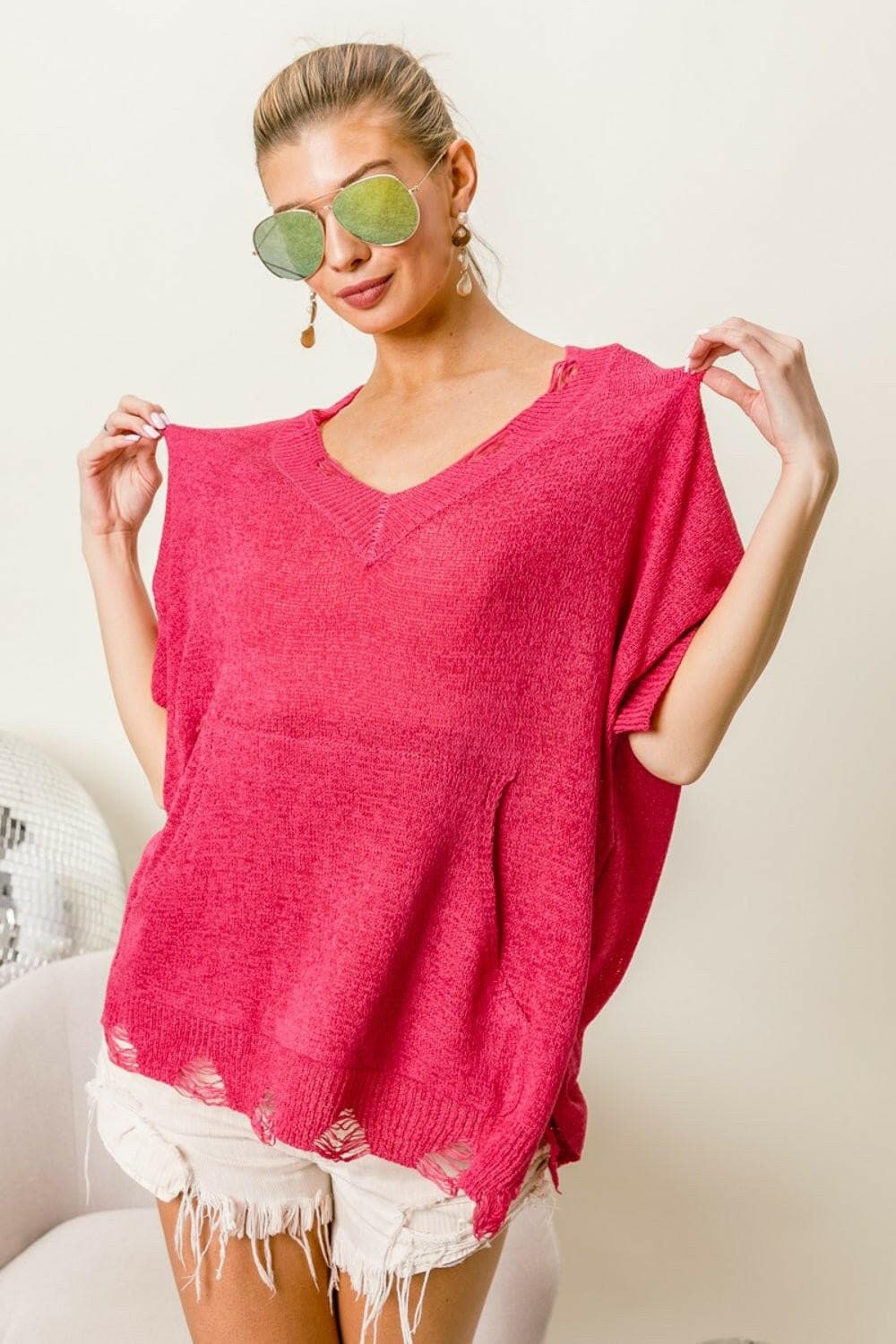 BiBi Distressed Hem V-Neck Slit Sweater - Love Salve