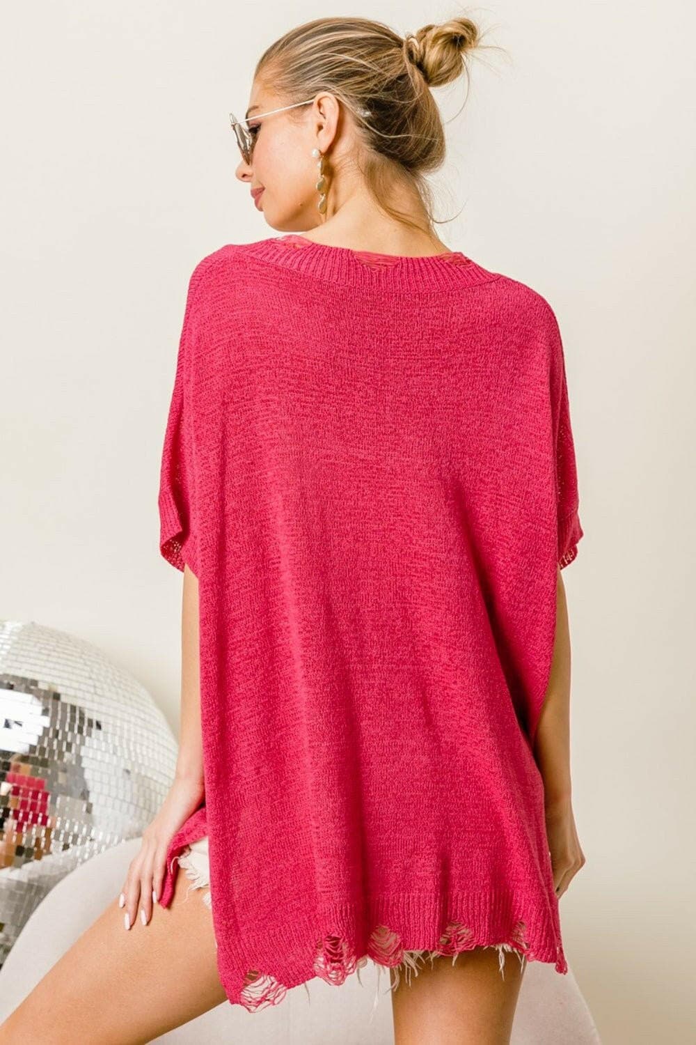 BiBi Distressed Hem V-Neck Slit Sweater - Love Salve