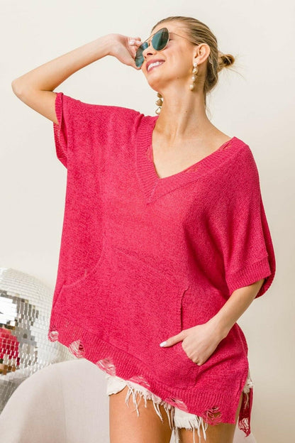 BiBi Distressed Hem V-Neck Slit Sweater - Love Salve