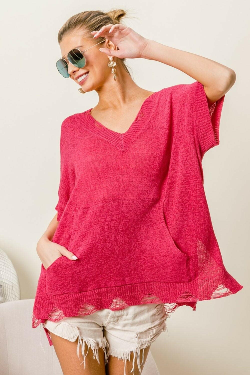 BiBi Distressed Hem V-Neck Slit Sweater - Love Salve