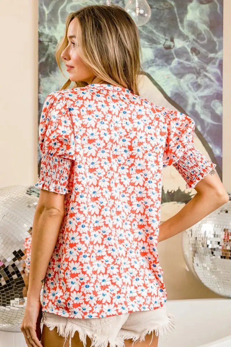 BiBi Floral Jqd Smoked Puff Sleeves V Neck Top for Women - Love Salve 