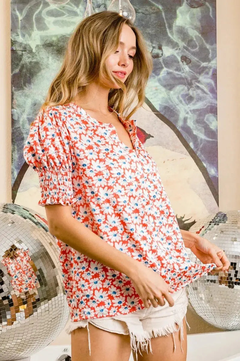 BiBi Floral Jqd Smoked Puff Sleeves V Neck Top for Women - Love Salve 