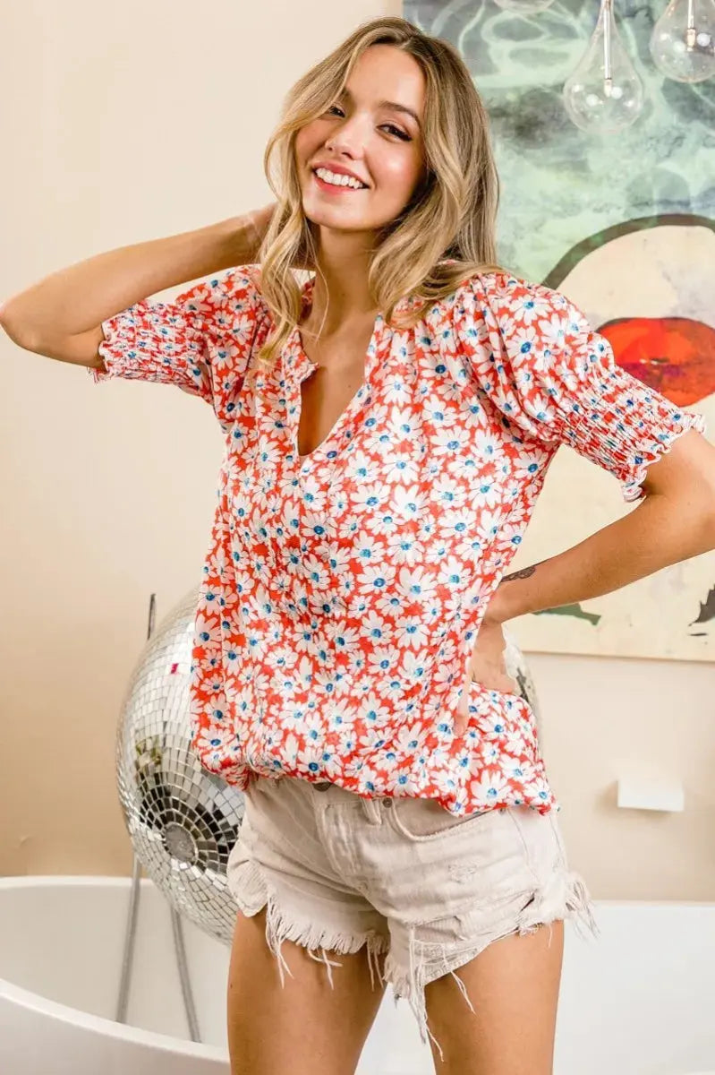 BiBi Floral Jqd Smoked Puff Sleeves V Neck Top for Women - Love Salve 