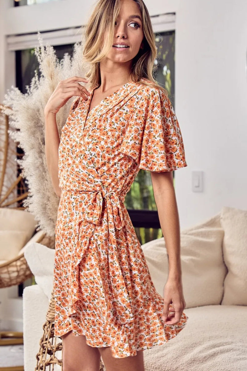 BiBi Floral Tied Short Sleeve Mini Wrap Dress for Summer - Love Salve 