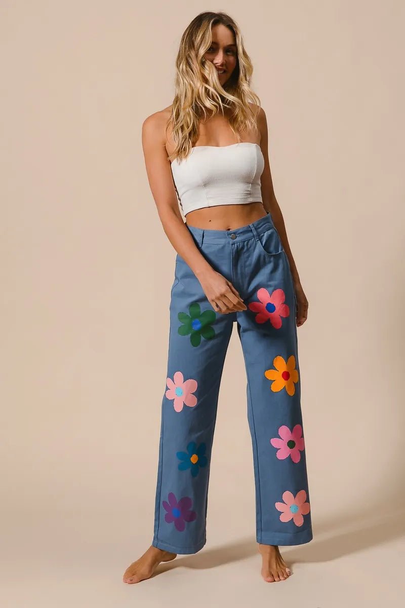 BiBi Flower Print Straight Legs Pants for Chic Style - Love Salve 