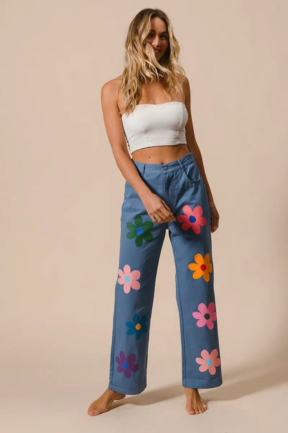BiBi Flower Print Straight Legs Pants for Chic Style - Love Salve 