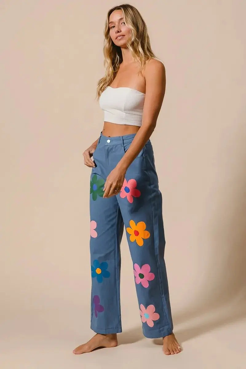 BiBi Flower Print Straight Legs Pants for Chic Style - Love Salve 