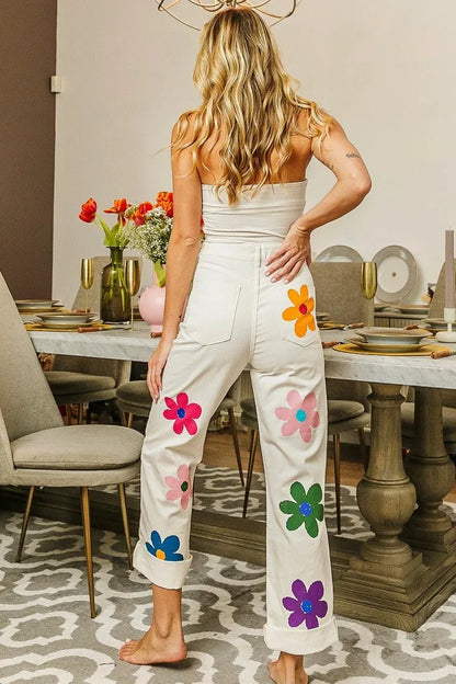 BiBi Flower Print Straight Legs Pants for Chic Style - Love Salve 