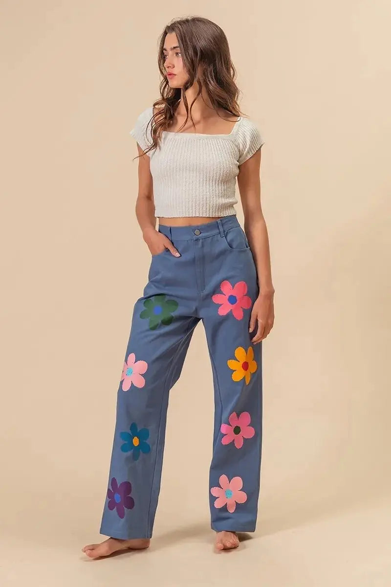 BiBi Flower Print Straight Legs Pants for Chic Style - Love Salve 
