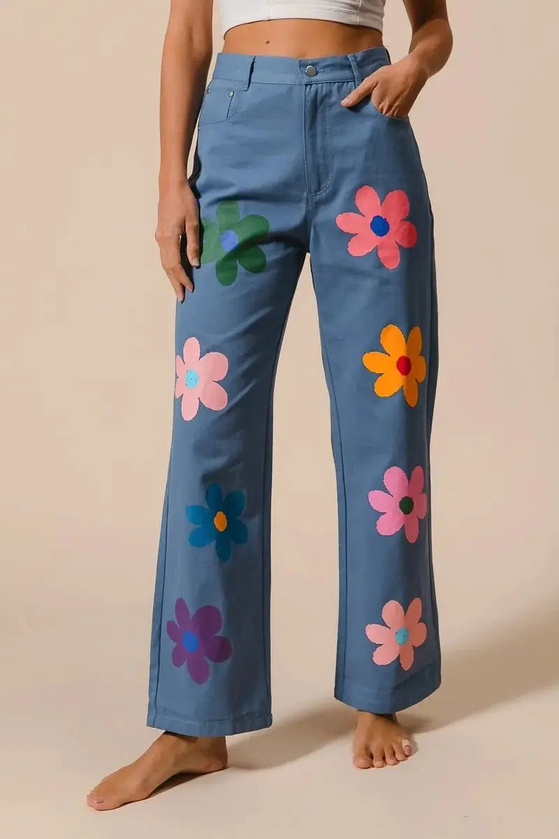 BiBi Flower Print Straight Legs Pants for Chic Style - Love Salve 