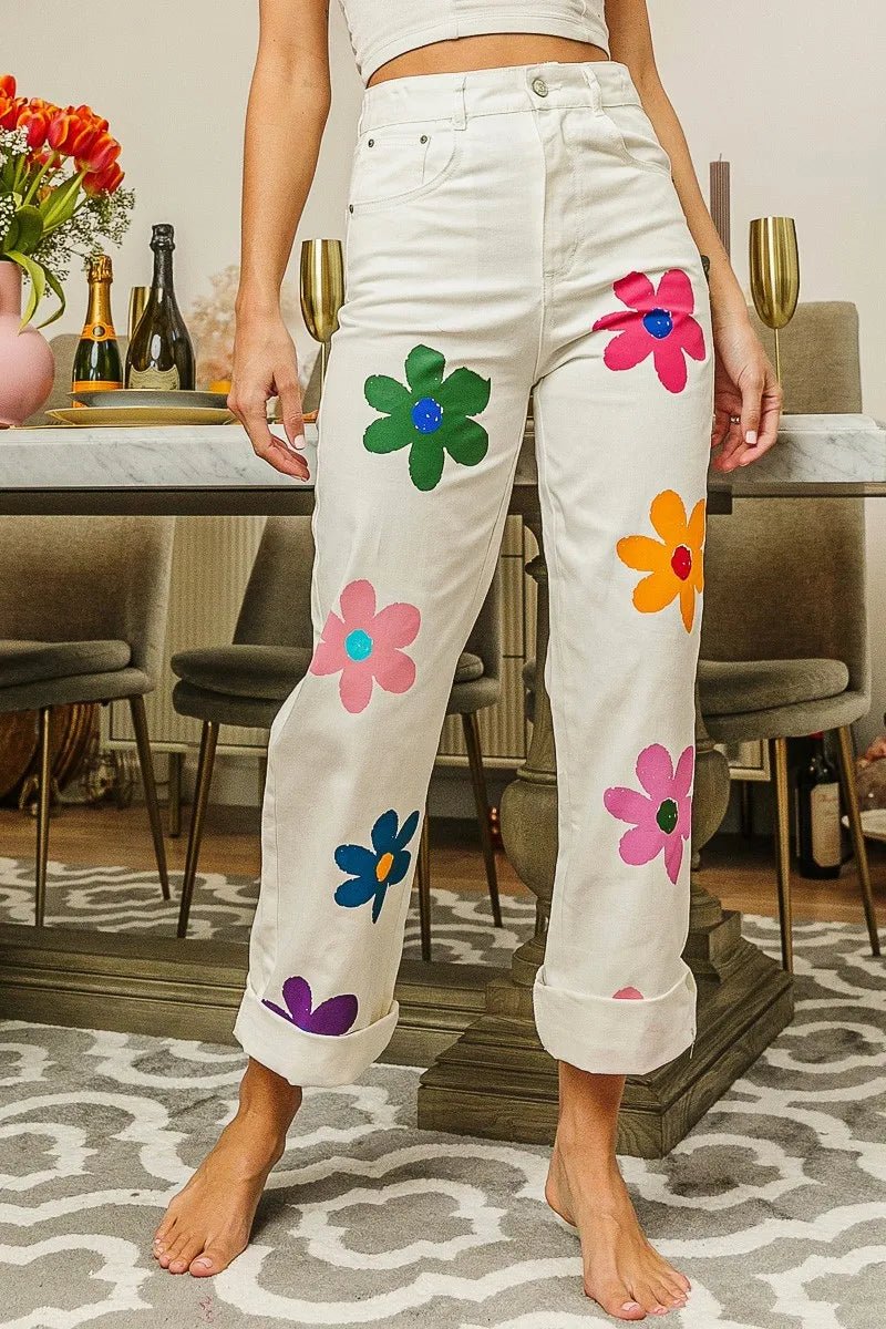 BiBi Flower Print Straight Legs Pants for Chic Style - Love Salve 