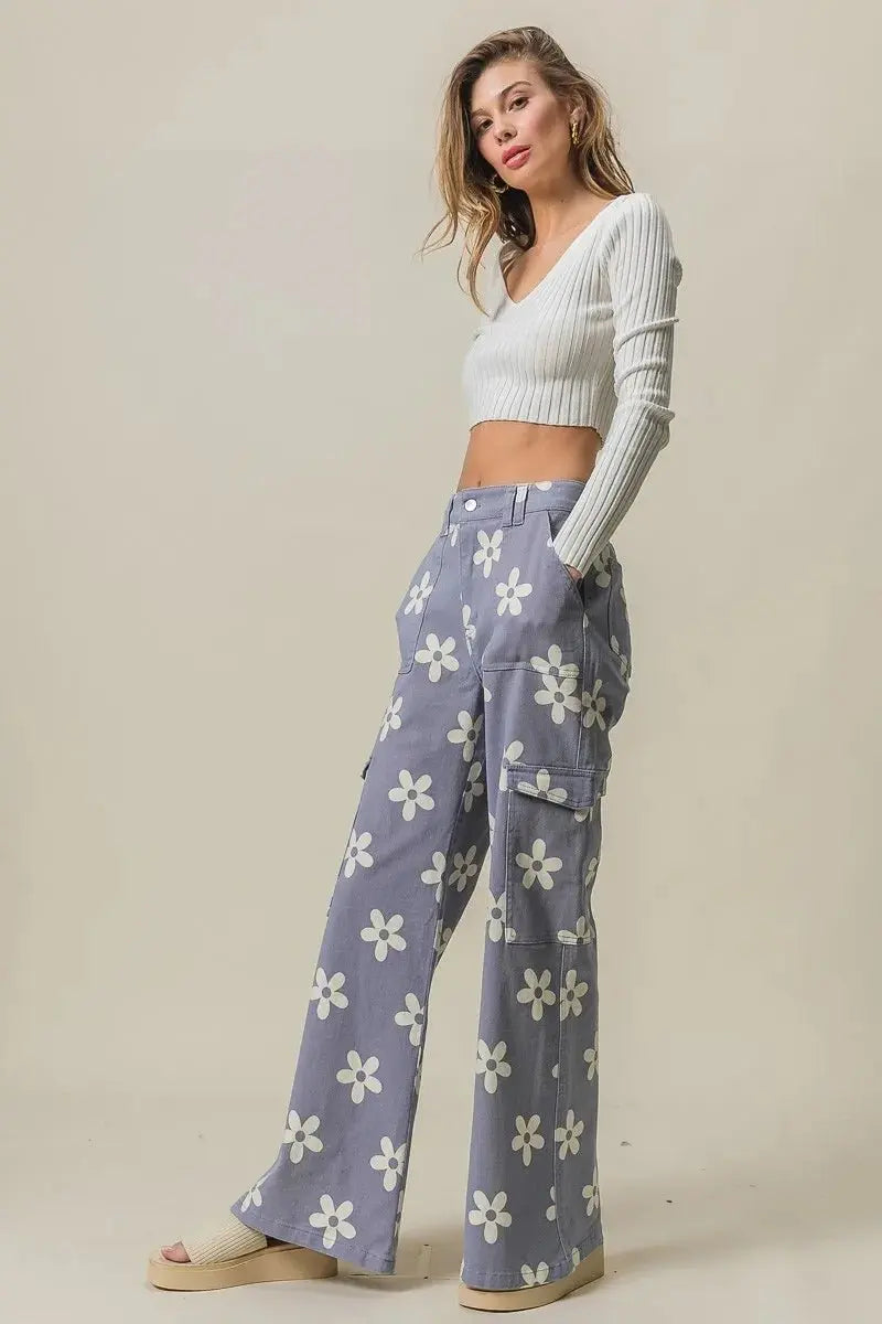BiBi Flower Printed Side Pocket Wide Pants for Women - Love Salve 