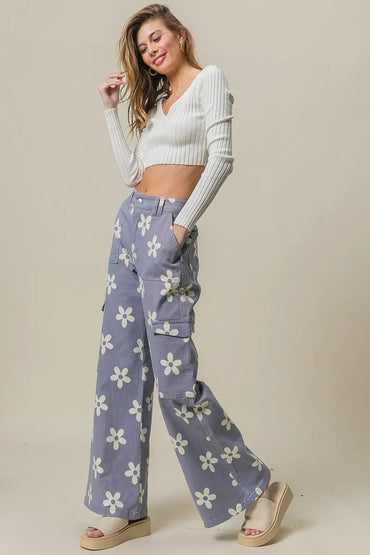BiBi Flower Printed Side Pocket Wide Pants for Women - Love Salve 