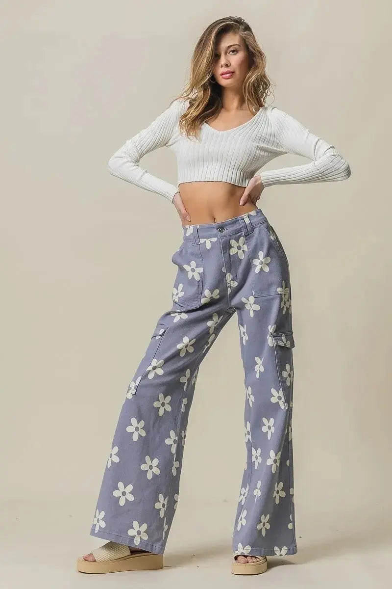 BiBi Flower Printed Side Pocket Wide Pants for Women - Love Salve 